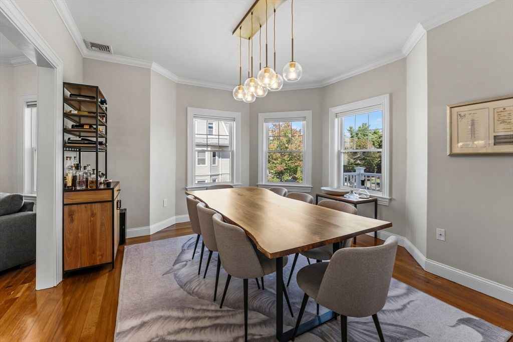 Dining room, Interior, Pendant Lights, Wood Texture Flooring