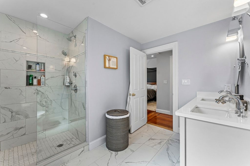 Bathroom, Glass Shower, Interior, Marble, Marble Walls, Recessed Lighting, Wood Texture Flooring