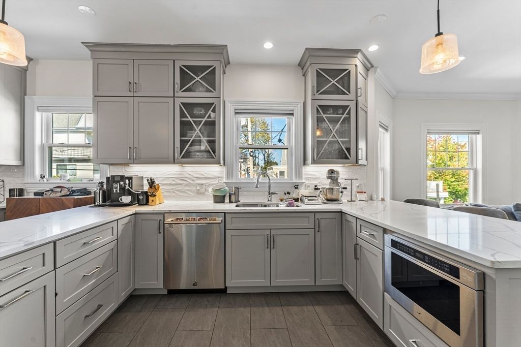 Interior, Kitchen, Pendant Lights, Recessed Lighting, Stainless Steel Appliances, Wood Texture Flooring