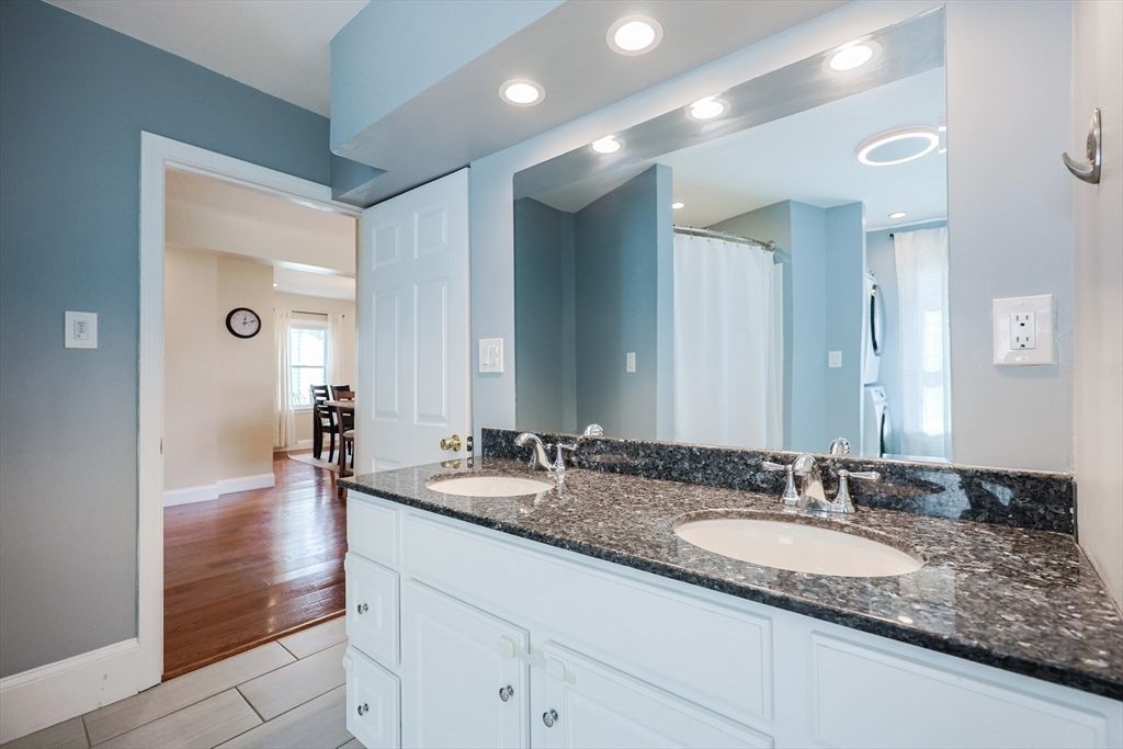 Bathroom, Dual Sink Vanities, Interior, Recessed Lighting, Wood Texture Flooring