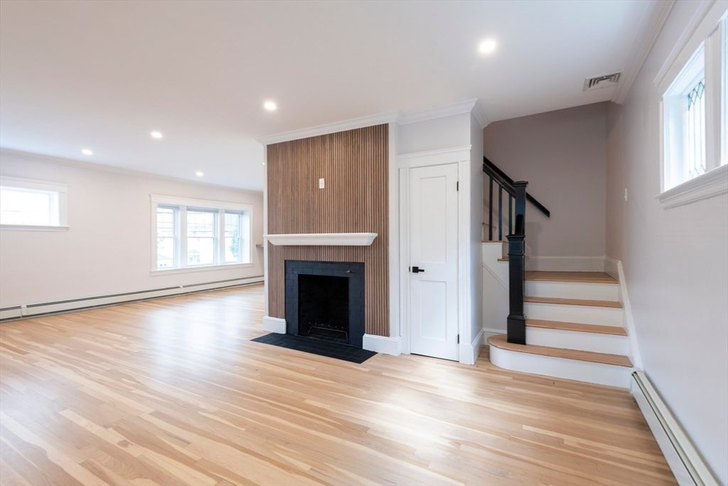 Empty room, Fireplace, Interior, Recessed Lighting, Wood Texture Flooring, Wooden Walls
