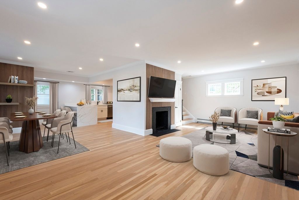 Dining room, Fireplace, Interior, Living room, Recessed Lighting, Wood Texture Flooring