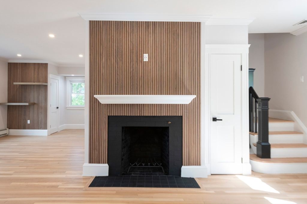 Fireplace, Interior, Recessed Lighting, Wood Texture Flooring