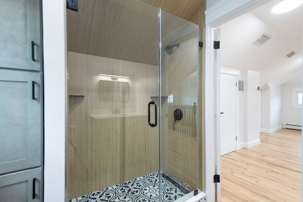 Bathroom, Glass Shower, Interior, Recessed Lighting, Wood Texture Flooring