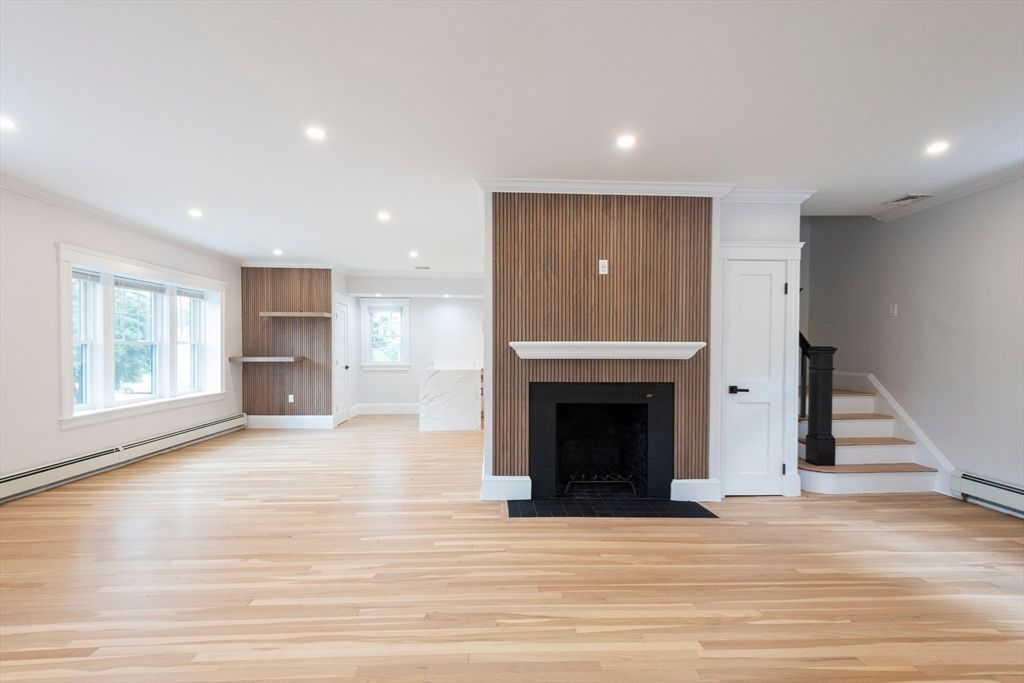 Fireplace, Interior, Recessed Lighting, Wood Texture Flooring