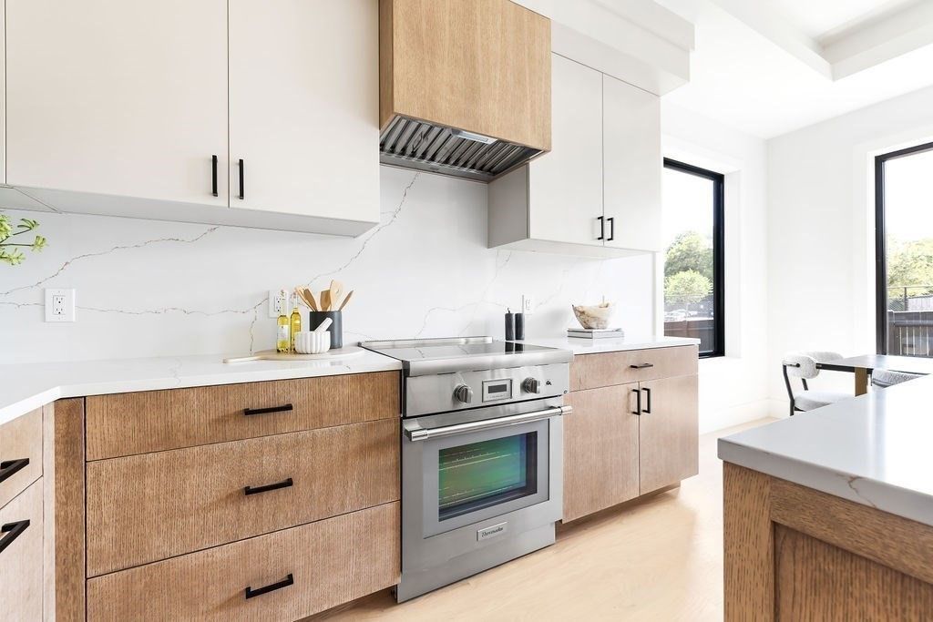 Interior, Kitchen, Marble Walls, Stainless Steel Appliances, Wood Texture Flooring