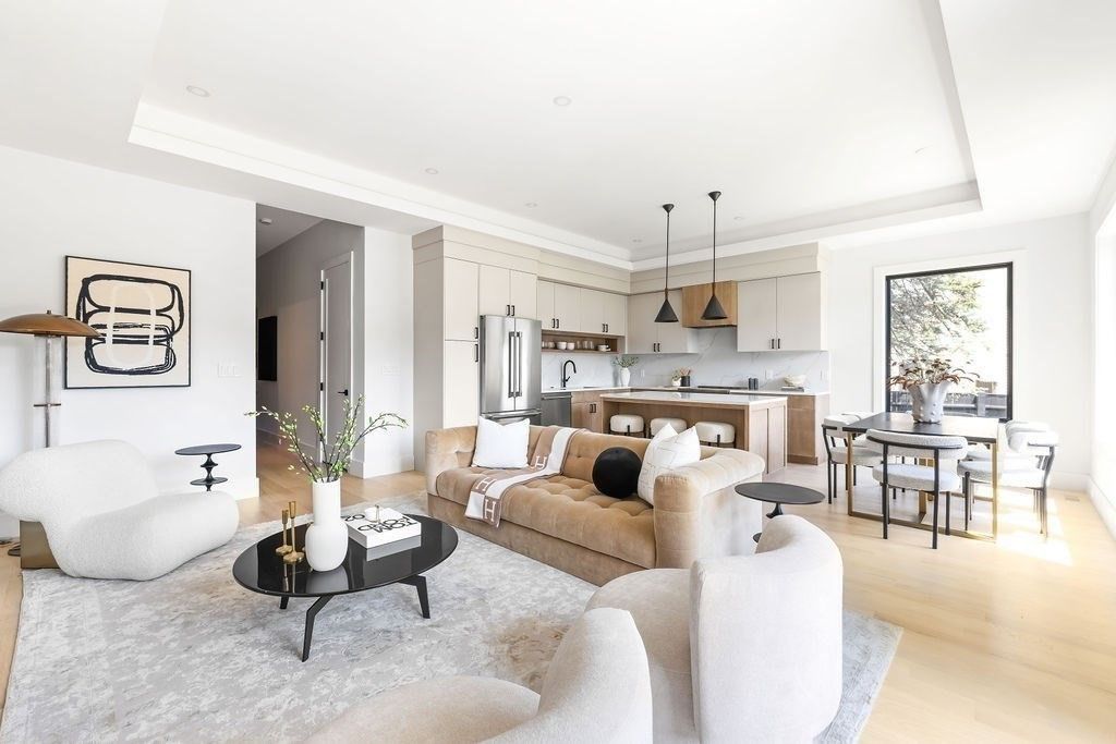 Dining room, Interior, Kitchen, Living room, Pendant Lights, Recessed Lighting, Stainless Steel Appliances, Wood Texture Flooring