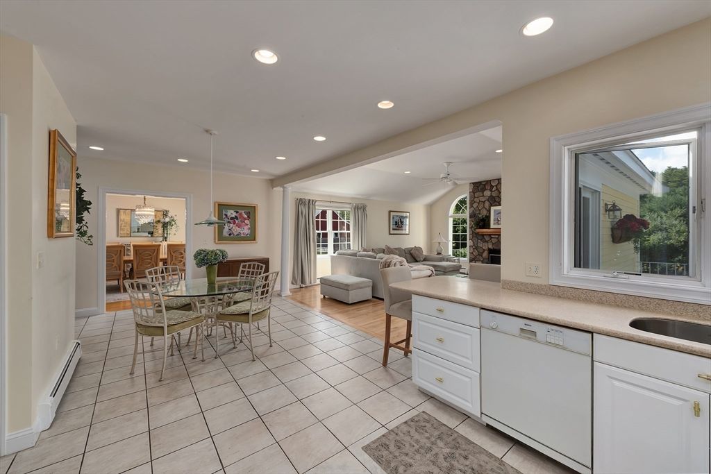 Dining room, Fireplace, Interior, Kitchen, Living room, Pendant Lights, Recessed Lighting