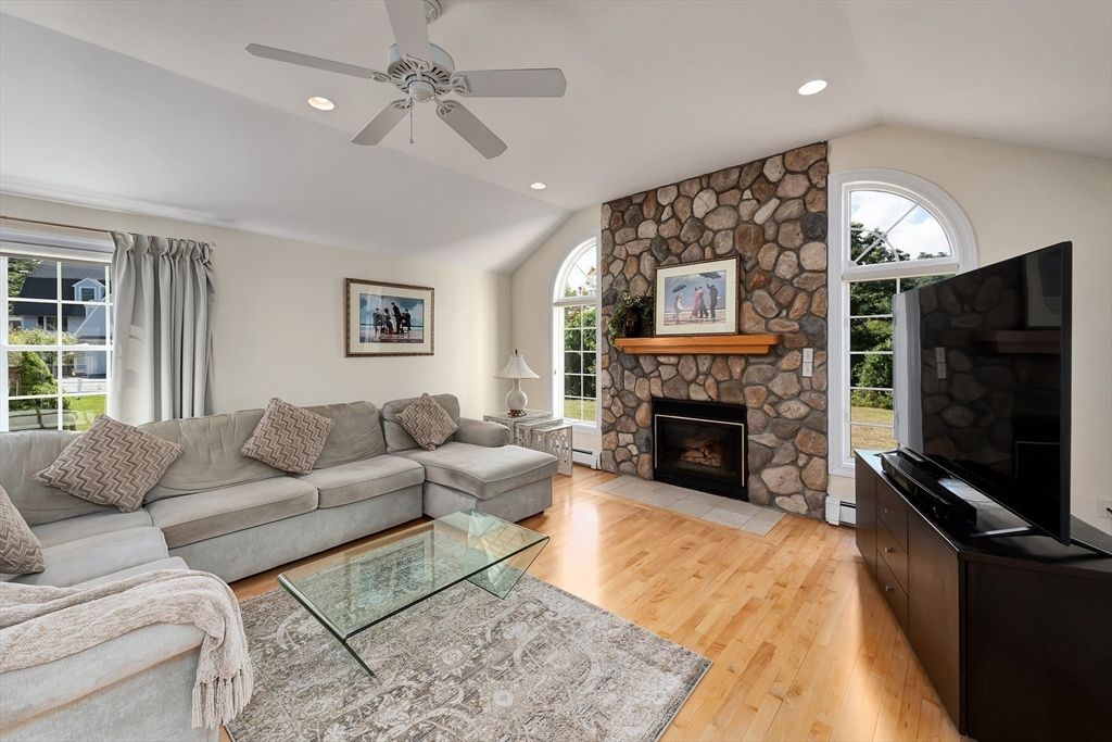 Fireplace, Interior, Living room, Recessed Lighting, Stone Walls, Wood Texture Flooring