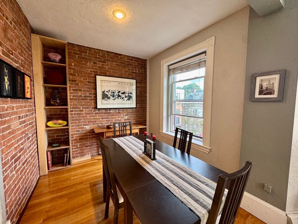 Dining room, Interior, Recessed Lighting, Stone Walls, Wood Texture Flooring