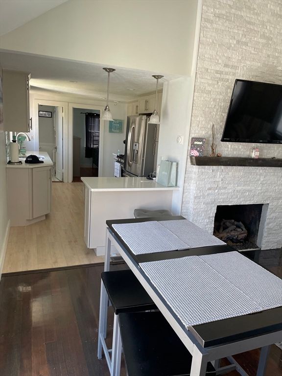 Fireplace, Interior, Kitchen, Pendant Lights, Wood Texture Flooring