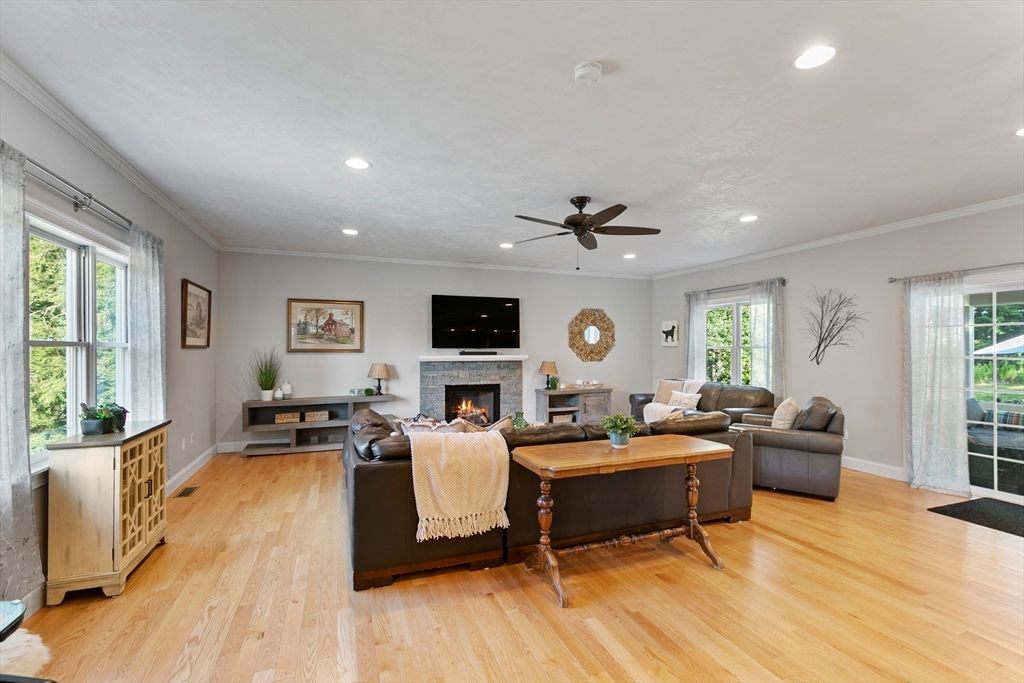 Fireplace, Interior, Living room, Recessed Lighting, Wood Texture Flooring
