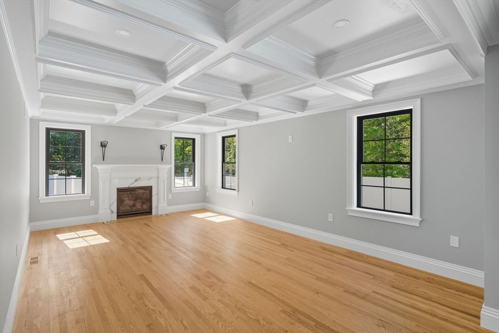 Empty room, Fireplace, Interior, Recessed Lighting, Wood Texture Flooring