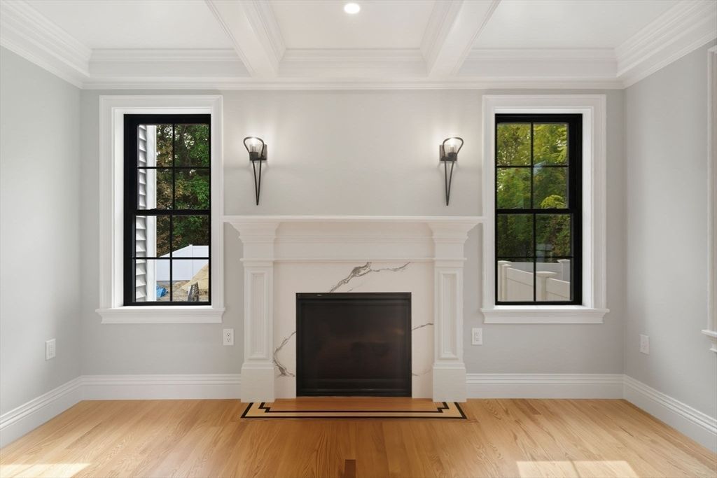 Fireplace, Interior, Recessed Lighting, Wood Texture Flooring