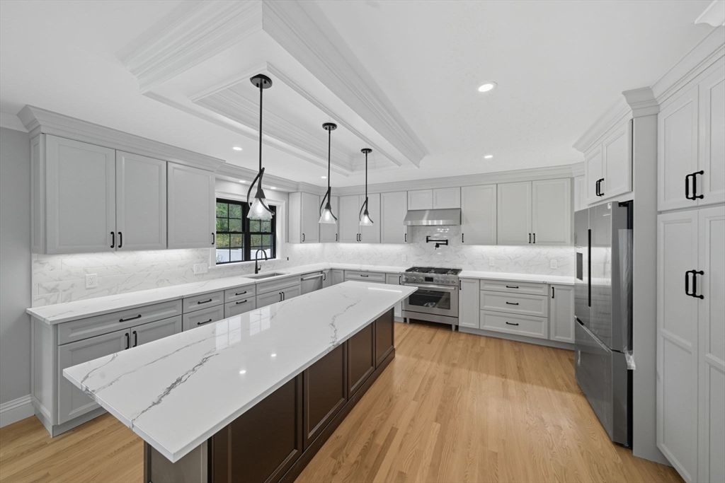 Interior, Kitchen, Pendant Lights, Recessed Lighting, Stainless Steel Appliances, Wood Texture Flooring