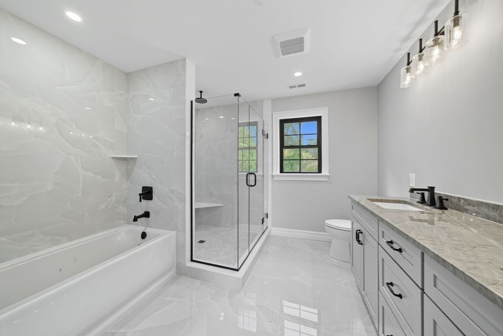Bathroom, Glass Shower, Interior, Marble Walls, Recessed Lighting