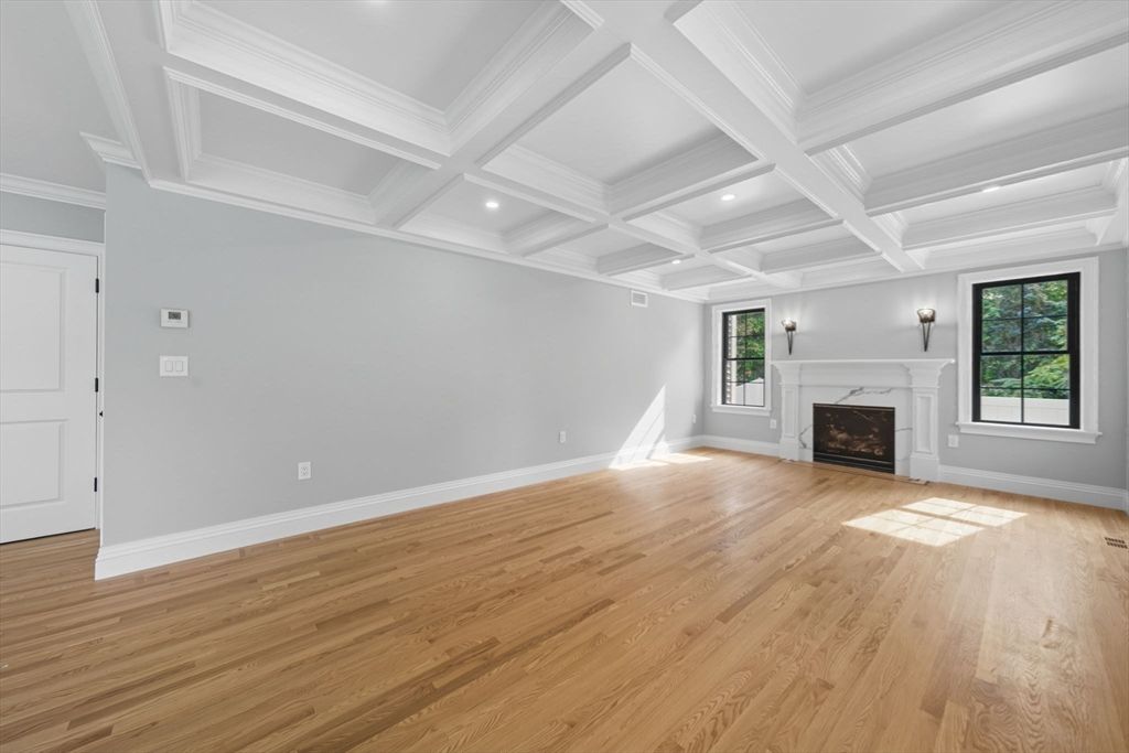 Empty room, Fireplace, Interior, Recessed Lighting, Wood Texture Flooring