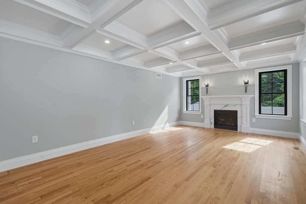 Empty room, Fireplace, Interior, Recessed Lighting, Wood Texture Flooring