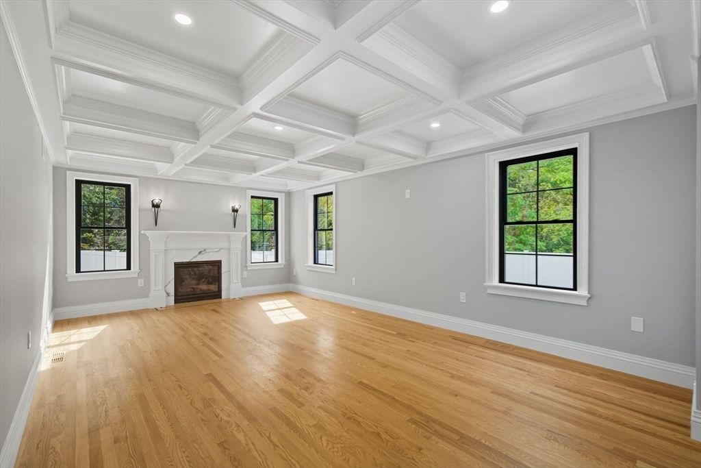 Empty room, Fireplace, Interior, Recessed Lighting, Wood Texture Flooring