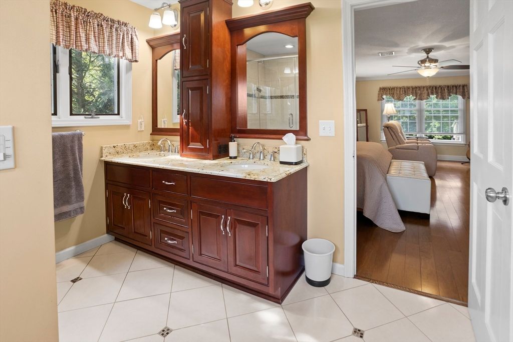 Bathroom, Dual Sink Vanities, Interior, Recessed Lighting, Wood Texture Flooring