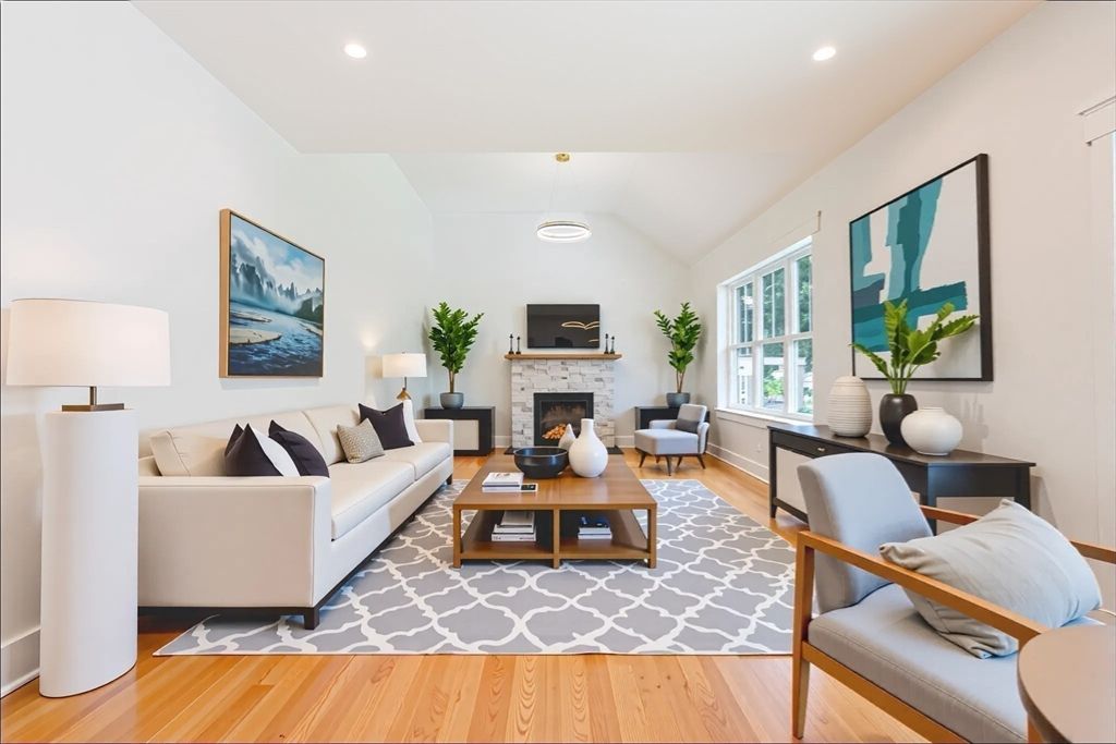 Fireplace, Interior, Living room, Recessed Lighting, Wood Texture Flooring