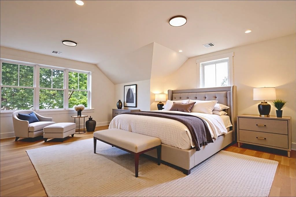 Bedroom, Interior, Recessed Lighting, Wood Texture Flooring