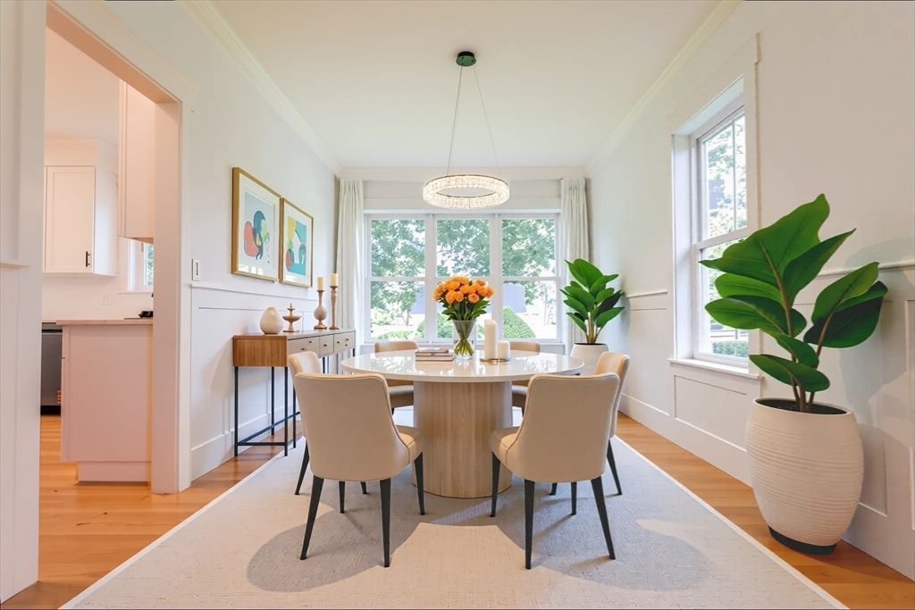 Dining room, Interior, Pendant Lights, Wood Texture Flooring