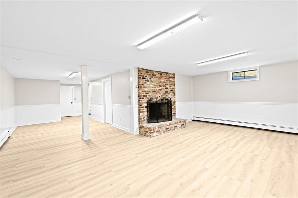Empty room, Fireplace, Interior, Stone Walls, Wood Texture Flooring