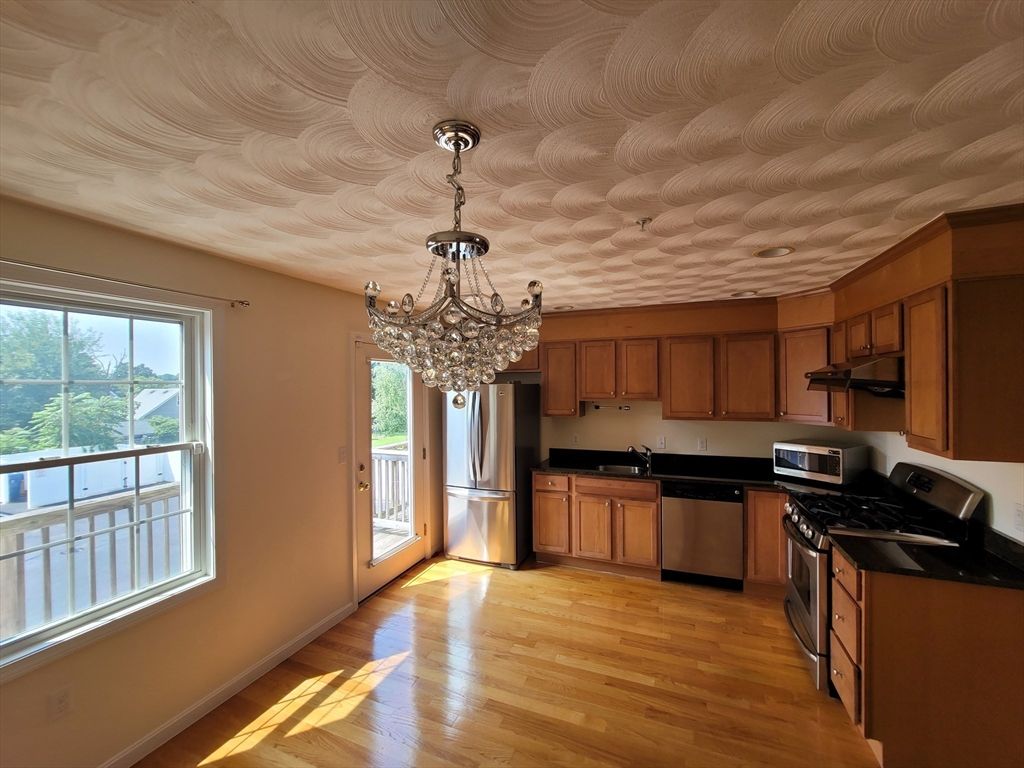 Chandelier, Interior, Kitchen, Stainless Steel Appliances, Wood Texture Flooring