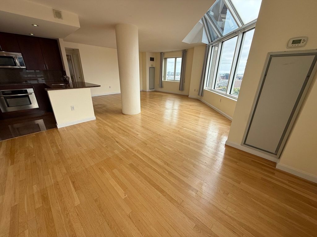 Empty room, Interior, Kitchen, Recessed Lighting, Wood Texture Flooring
