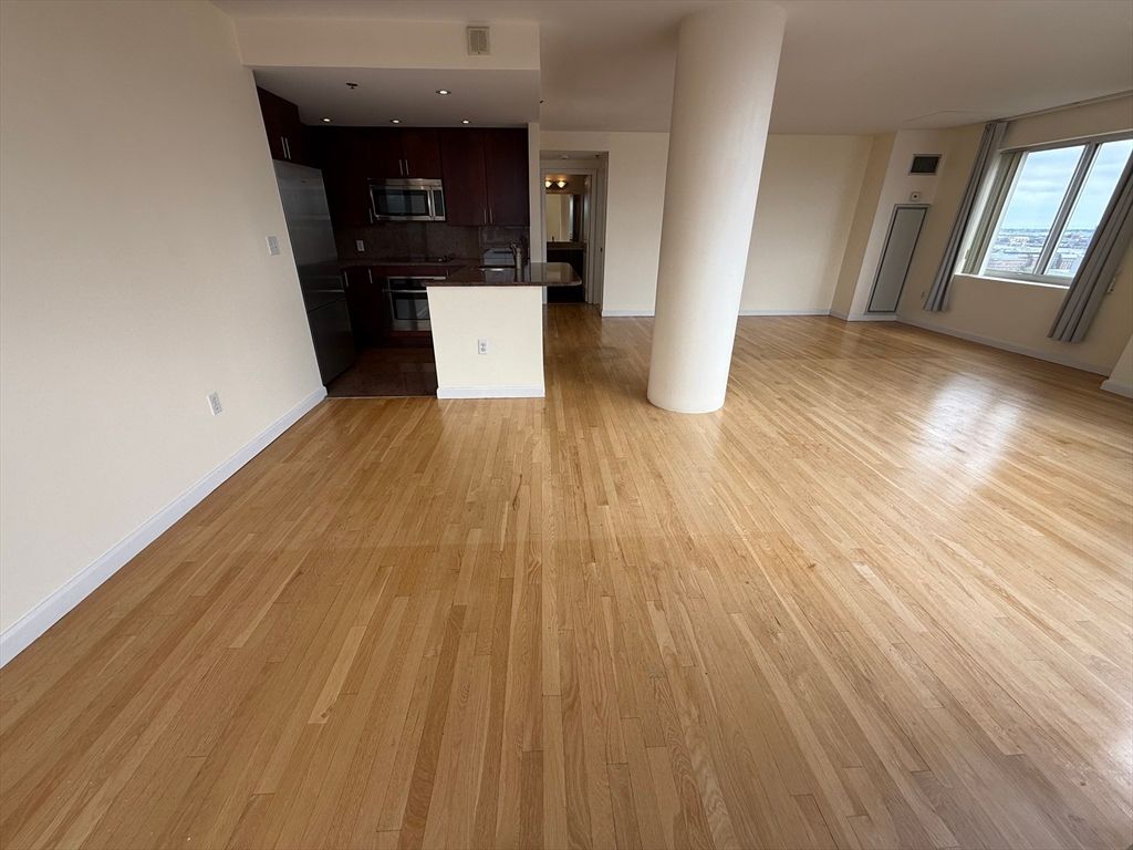 Empty room, Interior, Kitchen, Recessed Lighting, Wood Texture Flooring