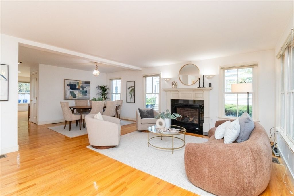 Dining room, Fireplace, Interior, Living room, Pendant Lights, Wood Texture Flooring