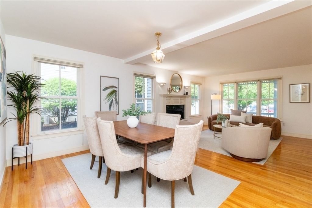 Dining room, Fireplace, Interior, Living room, Pendant Lights, Wood Texture Flooring