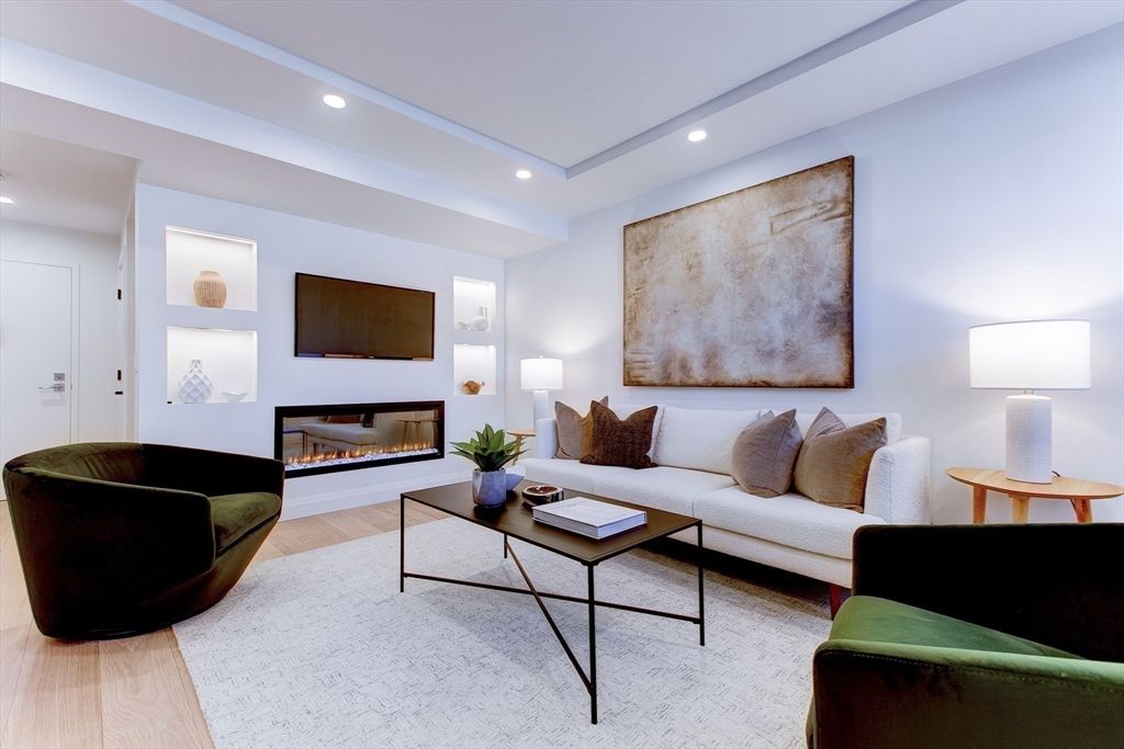 Fireplace, Interior, Living room, Recessed Lighting, Wood Texture Flooring