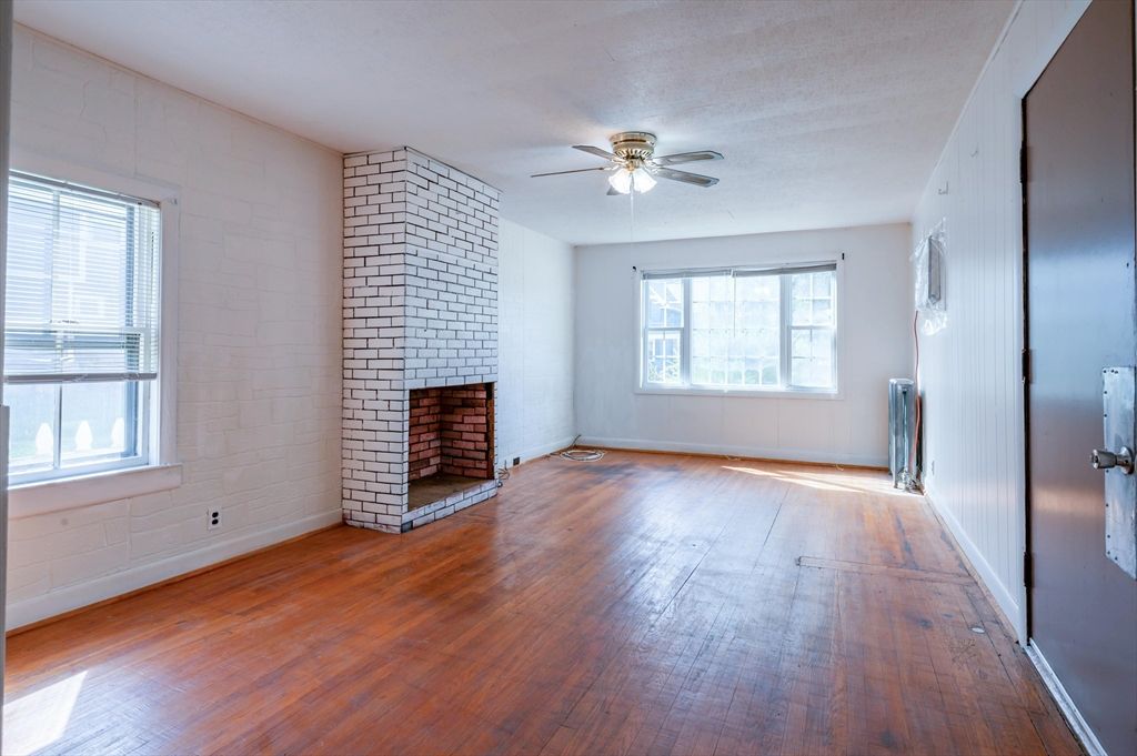 Empty room, Fireplace, Interior, Stone Walls, Wood Texture Flooring