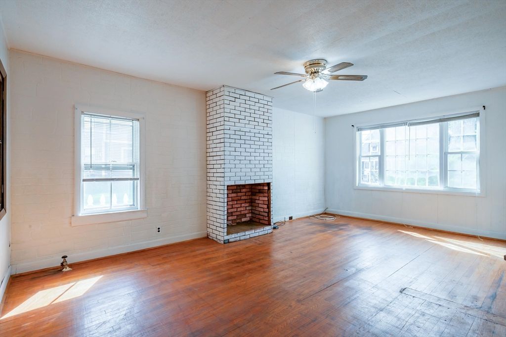 Empty room, Fireplace, Interior, Stone Walls, Wood Texture Flooring