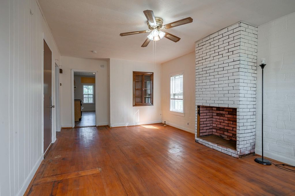 Empty room, Fireplace, Interior, Stone Walls, Wood Texture Flooring