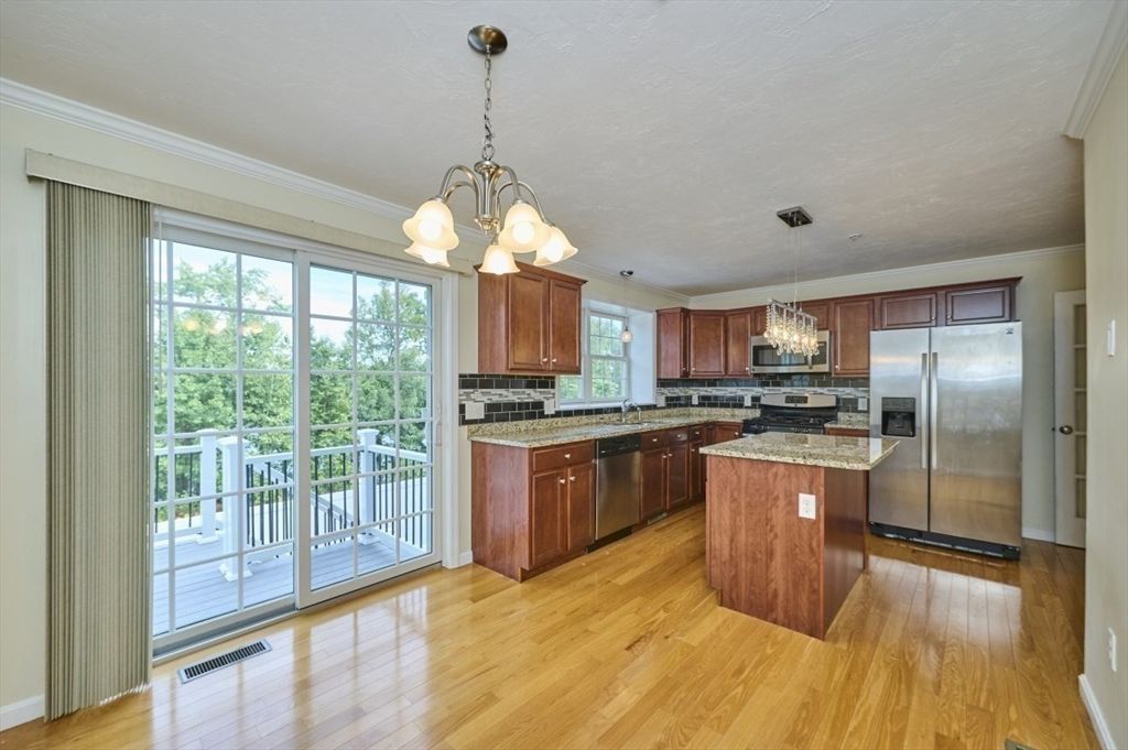 Chandelier, Interior, Kitchen, Pendant Lights, Stainless Steel Appliances, Wood Texture Flooring