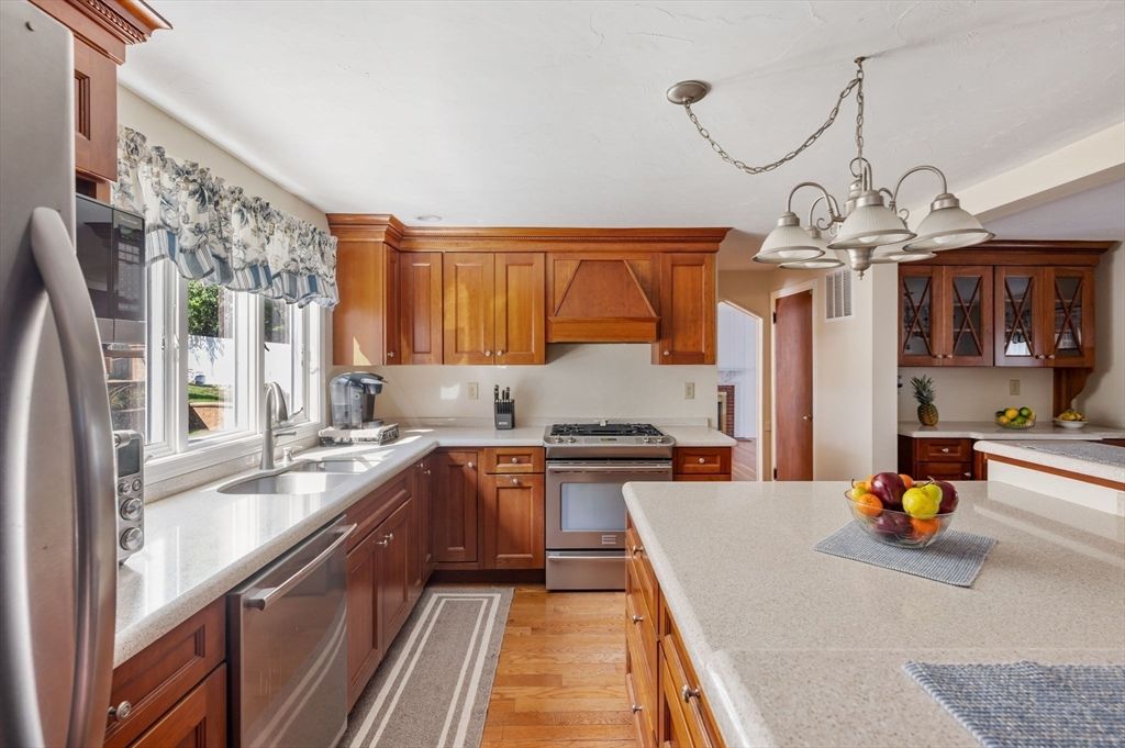 Chandelier, Interior, Kitchen, Stainless Steel Appliances, Wood Texture Flooring