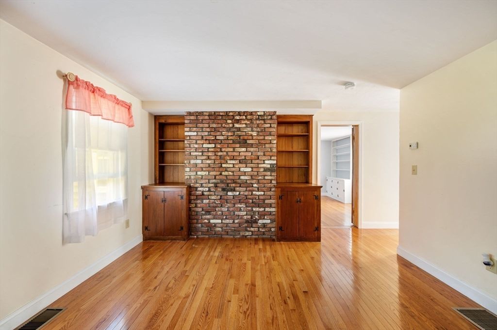 Empty room, Fireplace, Interior, Stone Walls, Wood Texture Flooring