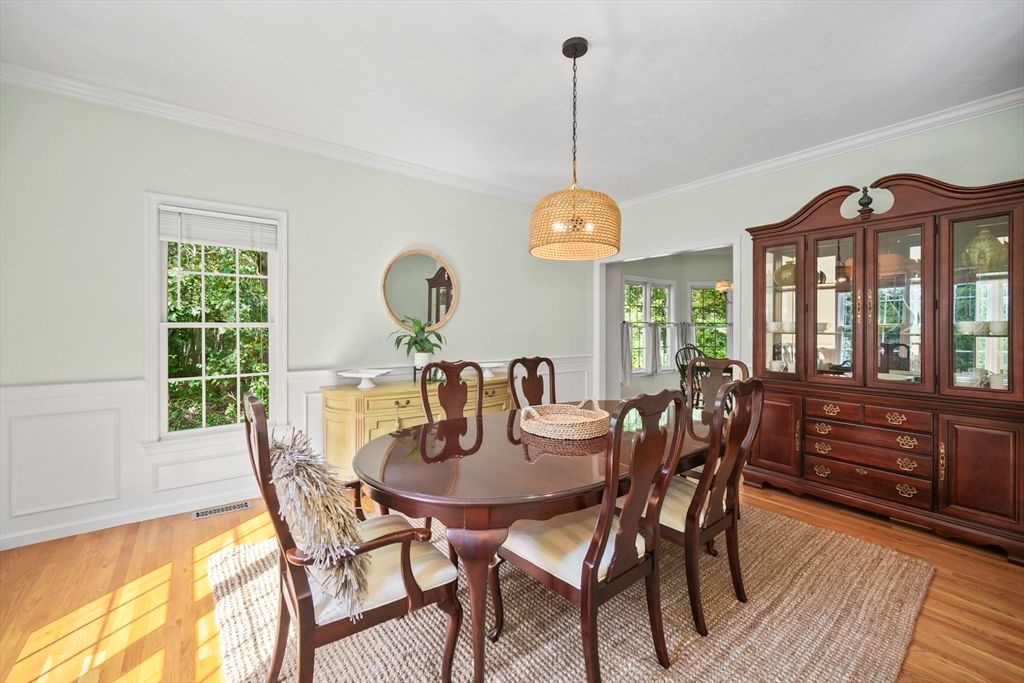 Dining room, Interior, Pendant Lights, Wood Texture Flooring