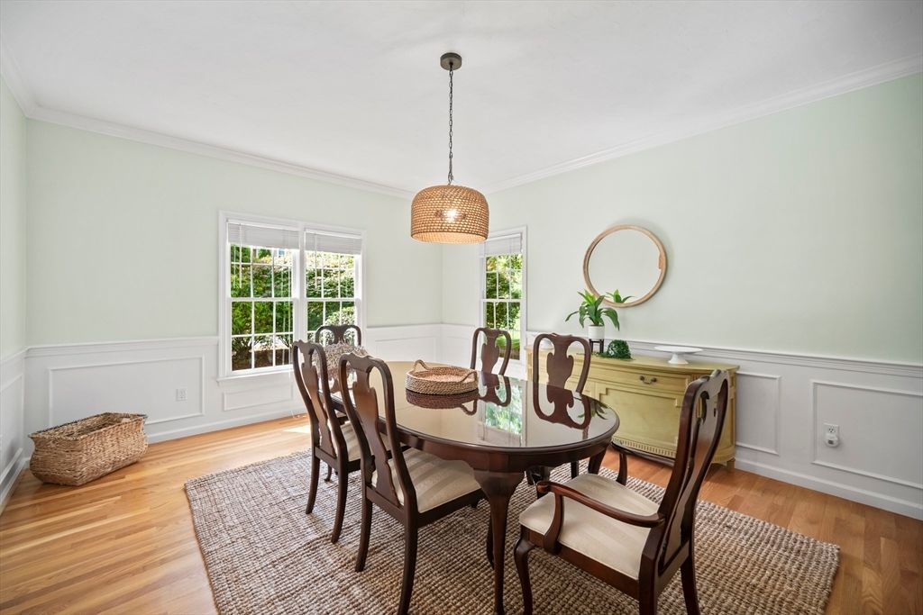 Dining room, Interior, Pendant Lights, Wood Texture Flooring