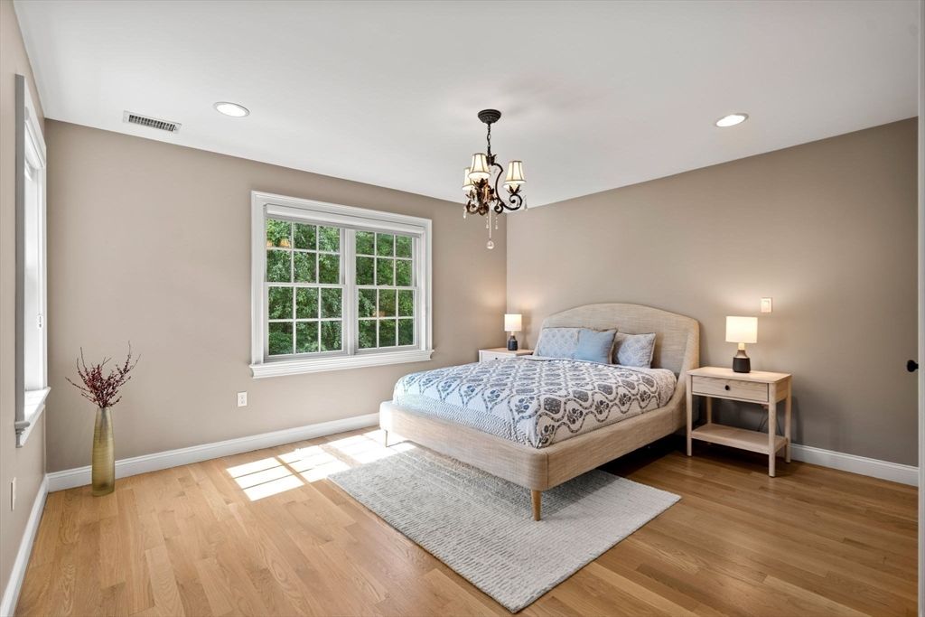 Bedroom, Interior, Pendant Lights, Recessed Lighting, Wood Texture Flooring