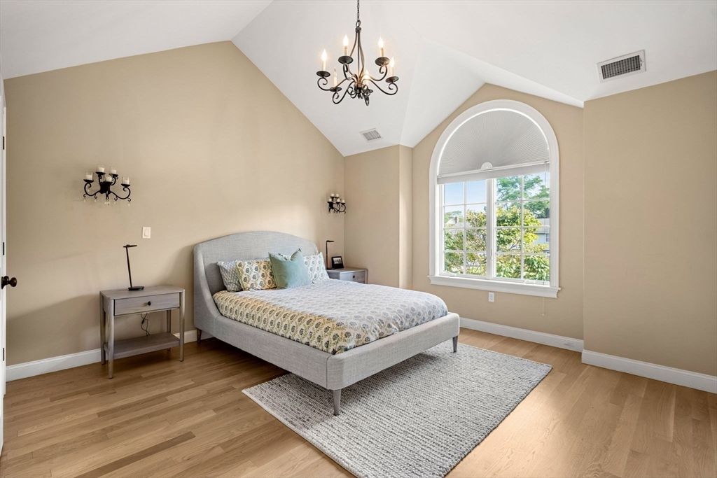 Bedroom, Chandelier, Interior, Wood Texture Flooring
