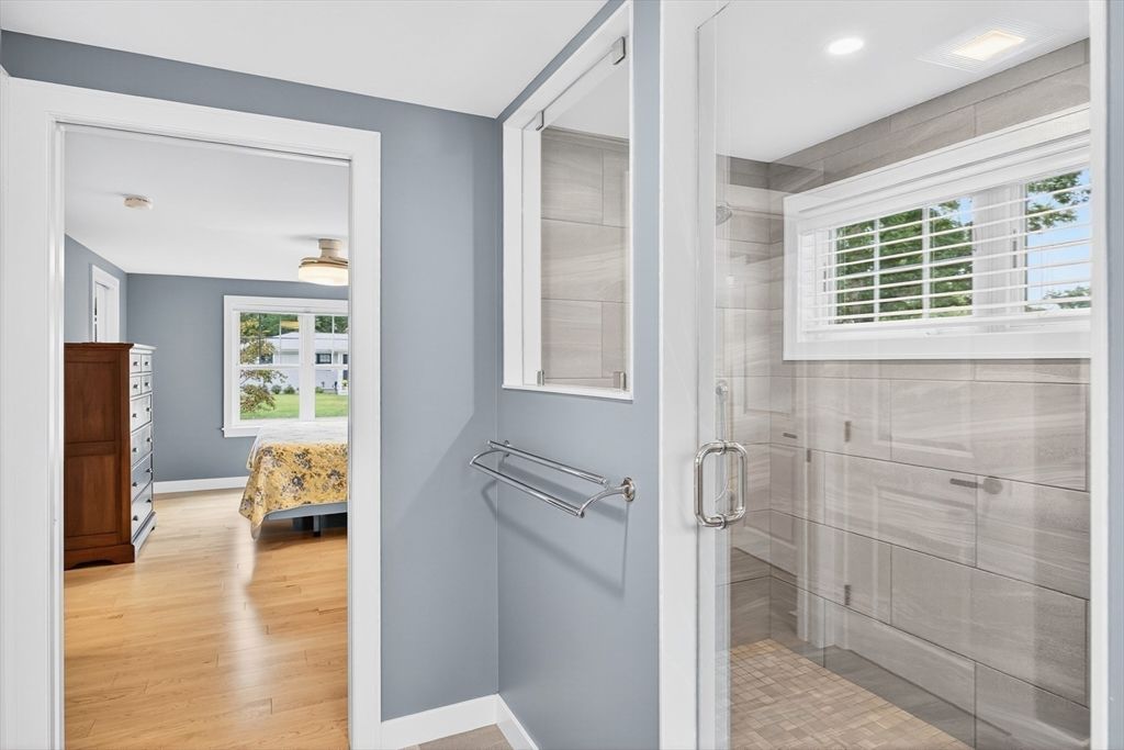 Bathroom, Glass Shower, Interior, Recessed Lighting, Wood Texture Flooring