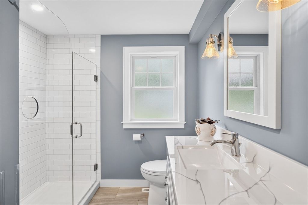 Bathroom, Glass Shower, Interior, Recessed Lighting, Wood Texture Flooring