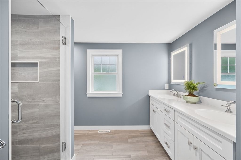 Bathroom, Dual Sink Vanities, Glass Shower, Interior, Wood Texture Flooring