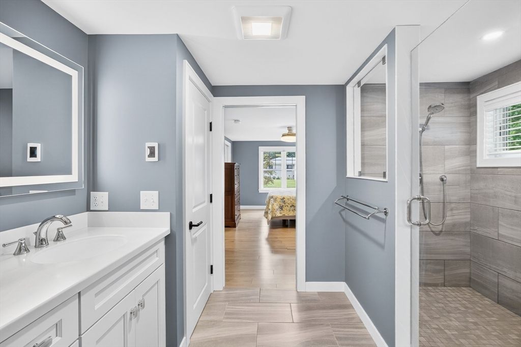 Bathroom, Glass Shower, Interior, Recessed Lighting, Wood Texture Flooring