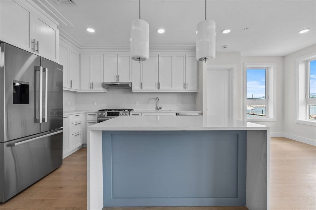 Interior, Kitchen, Pendant Lights, Recessed Lighting, Stainless Steel Appliances, Wood Texture Flooring