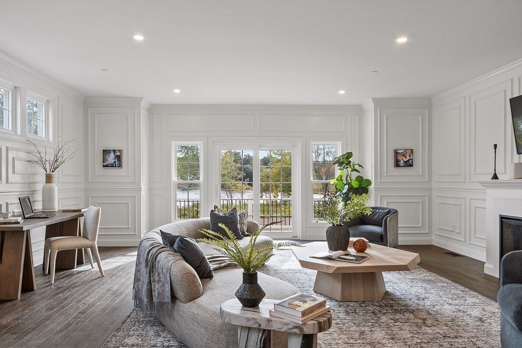 Fireplace, Home Office, Interior, Living room, Recessed Lighting, Wood Texture Flooring